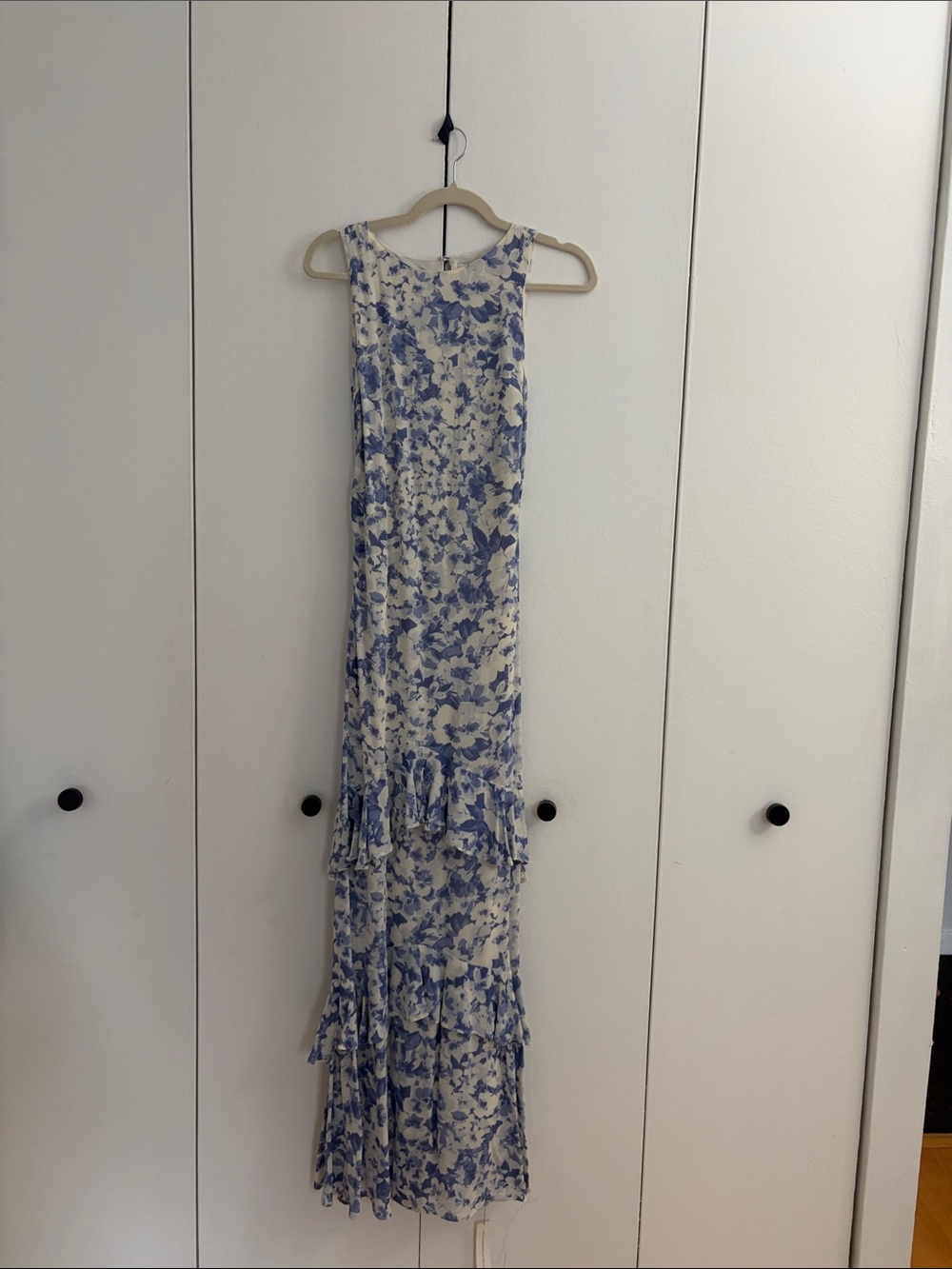 Reformation Magnus Blue and White Floral Ruffle Maxi Dress